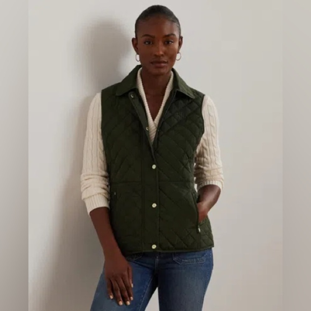 NWT Lauren Ralph Lauren Women's Quilted Logo Vest in dark green Size L